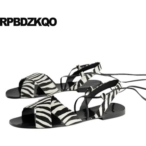 Slingback comfortable black and white big size shoes plus lace up designer ladies women sandals flat summer 2019 female open toe