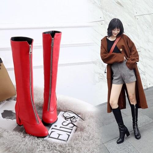 Women Zipper Square heel Thigh High Boots PU Leather overknee Boots Woman Black White Fashion Chelsea Shoes zapatos de mujer 40