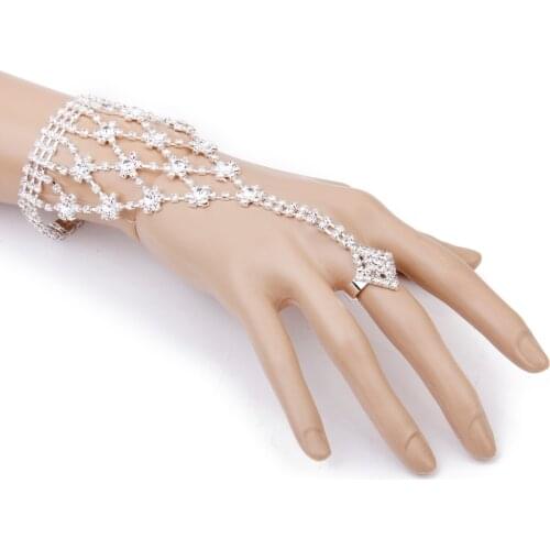 Rhinestone Flower Hand Harness Bracelet Finger Chain Bridal Cross Design Wedding Bridal Bridesmaid Boho Silver Color