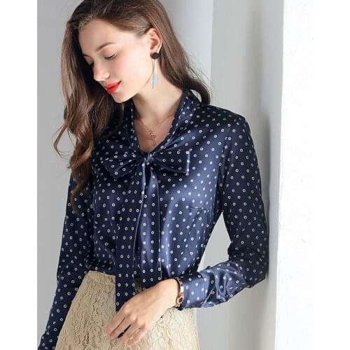 Plus Size 4XL Real Silk Blouse With Bow Autumn Spring Polka Dot Shirt Female OL Long Sleeve Womens Tops and Blouses YQ341