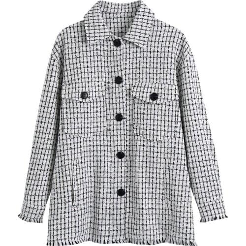 2021 Women Fashion Patch Pockets Oversized Tweed Jacket Coat Vintage Long Sleeve Frayed Hem Female Outerwear Chic Tops