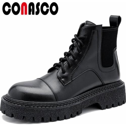CONASCO Retro Fashion Women Ankle Boots Autumn Winter Warm Cow Leather Party Basic Prom Office Motorcycle Design Shoes Woman