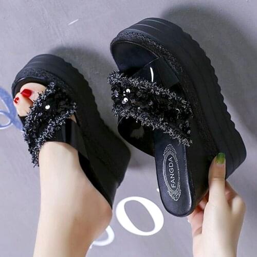 Wedges Heels Summer Slippers Women 2021 Rhinestone Sandals Open Toe Height Increasing Slides Women High Platform Slippers
