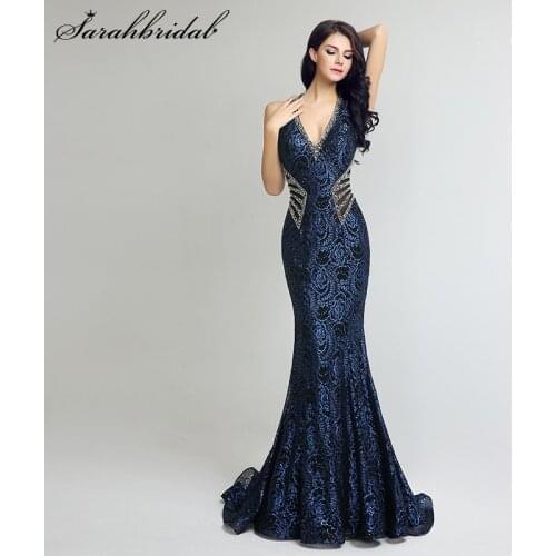 In Stock Sexy Evening Dress V Neck Sleeveless Zipper Trumpet Party Gown Sequins Illusion Bodice Sweep Train Robe De Soiree LX235