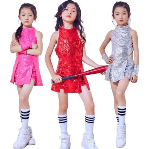 4 PCS Children Girls Sequins Jazz Latin Hiphop Street Dance Dress Costume Ballroom Dancewear Stage Performance Clothing Set