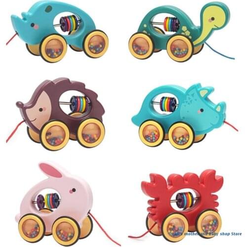 67JC Baby Cartoon Animal Car Pull Rope Toys Toddler Kids Early Educational Gifts Drag Vehicles Rattles