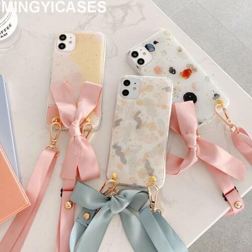 Glitter Foil Drop Glue Phone Cases for Iphone 11 Xs Max SE 2020 Xr X 7 8 Plus 11 Pro Max Case with Bowknot Long Strap Back Cover