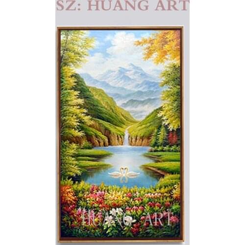 Large abstract natural scenery painter in hand knife painting of decorative home sitting room wall tree view modern porch corrid