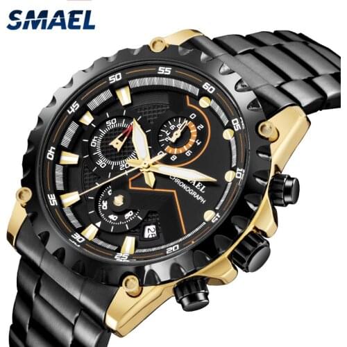 SMAEL Mens Watches Chronograph Stainless Steel Men Quartz Watch Top Brand Luxury Sport Waterproof Wrist Watch Relogio Masculino