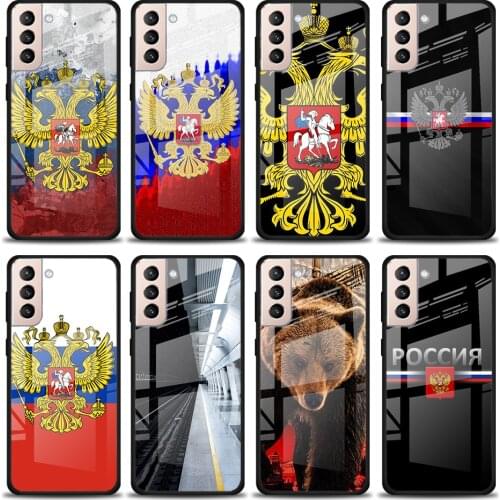 Russia Flag National Emblem Tempered Glass Cover For Samsung Galaxy S21 Plus Ultra M21 M31 M51 A52 A72 Phone Case Coque