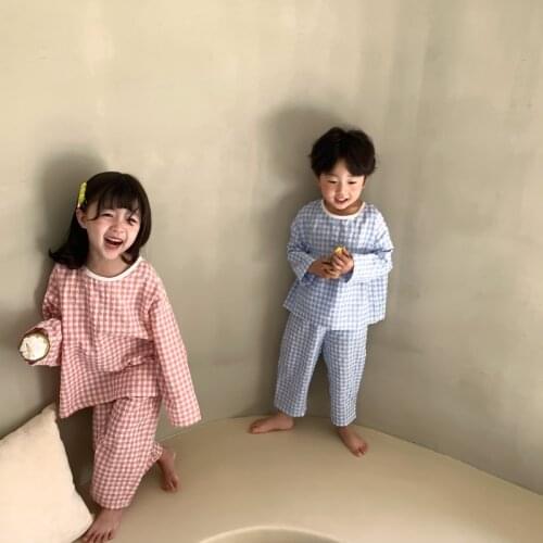 2021 Korean girls boys 2 pcs plaid set shirt +pants summer cotton kids suit 1-6 years