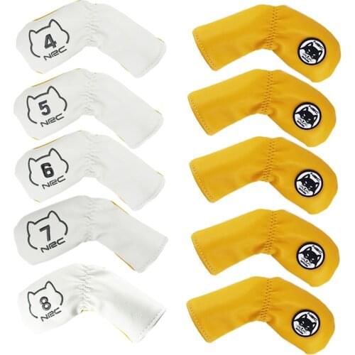 Golf Club Headcover Iron Cover 9Pcs Set PU Leather Waterproof No.4/5/6/7/8/9/P/S/A Protector White Yellow AKITA DOG