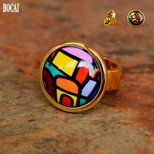 Village series high-temperature fired medium round cloisonne ring for woman enamel color jewelry woman ring high quality gift