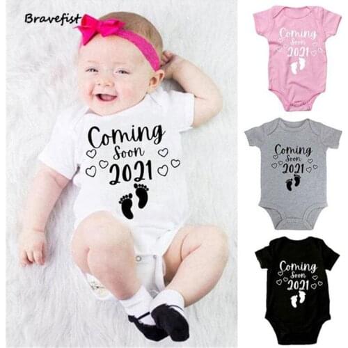 New Infant Newborn Rompers Baby Boy Girl Short Sleeve Cute Jumpsuit Summer Baby Clothes BABY COMING SOON 2021 With Feet Outwear