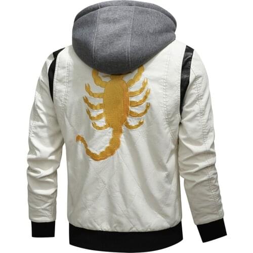 Leather Mens Jackets 2021 New Spring Leather Mens Jacket Removable Hoodied Scorpion Embroidery Motorcycle Jacket Men Slim Fit