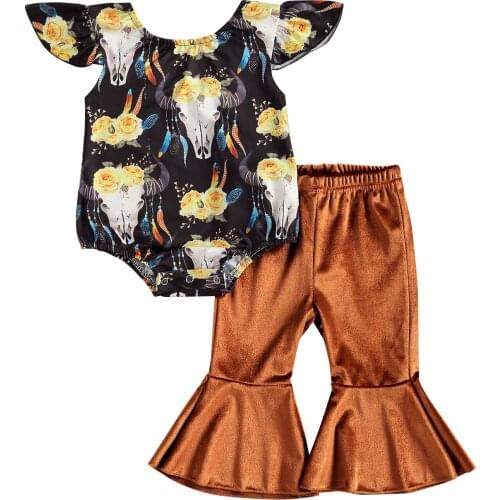 Citgeett Summer Kids Baby Girls Clothes Set Black Printing Fly Sleeves Romper + Brown Solid Color Pants Clothing