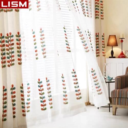 LISM Colorful Leaves Embroidered Sheer Curtains for Living Room Bedroom Kitchen Curtains for the Room Drapes Window Treatment