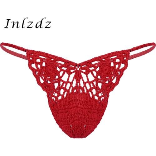 Mens Lingerie Underwear Handmade Crocheted Hollow Out Bulge Pouch Briefs Elastic Waistband T-Back Sexy G-Strings Thongs Panties