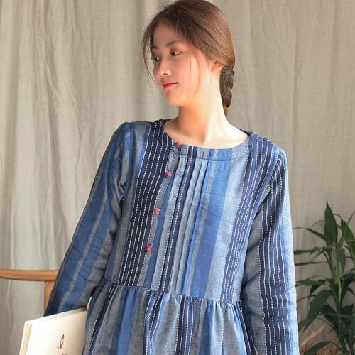 SCUWLINEN 2019 New Winter Dress Vintage Striped Plate Buttons Fleece Loose A-line Thicken Warm Long Dress S623-1