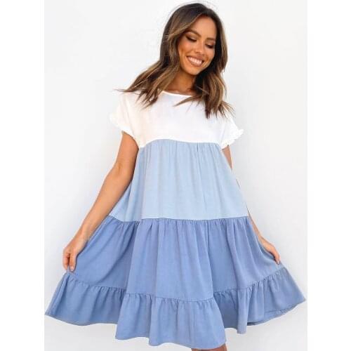 New womens dress in spring and summer 2021 womens Casual Short Sleeve crew neck panel contrast loose hem dress vestidos