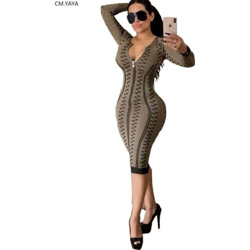 Autumn Fall Women Geometric Print Zipper Long Sleeve Bodycon Midi Dress Sexy Night Club Party Skinny Dresses Vestidos GL667