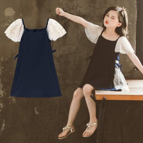 2021 Girls Dress Summer Girls Mesh Star Sequined Sleeve Solid Color Sweet Dress Princess Casual Style Dress Childrens Clothing