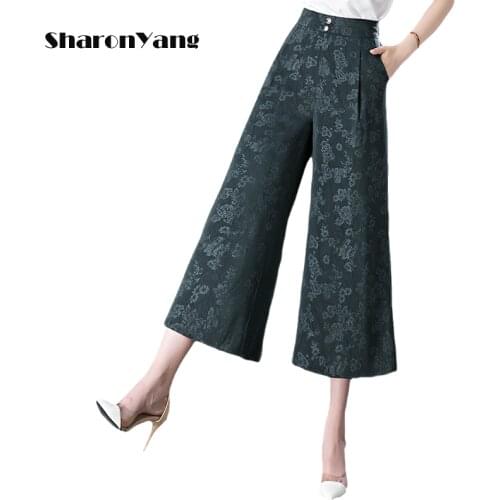 High-Waisted Pants Dress Women Wide Leg Pants Female Print Culottes Summer Plus Size 4XL 5XL Mom Pants for Middle-aged Women