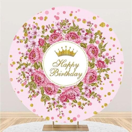 Pink Flower Round Background Cloth Happy Birthday Crown Girl Party NAM Photography Photo Backdrops Child Party Photozone Decors