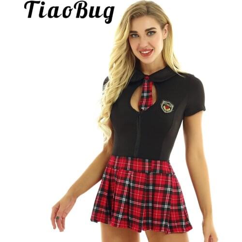 TiaoBug Women Student Cosplay Sexy Uniform School Costume Short Sleeves Crop Tops Tees Plaid Pleated Mini Skirt G-string Tie Set