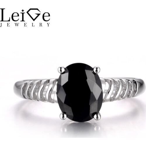 LeiGe Jewelry Natural Black Spinel Rings Cocktail Rings Oval Shape Black Gemstone Solid 925 Sterling Silver Fine Jewelry for Her