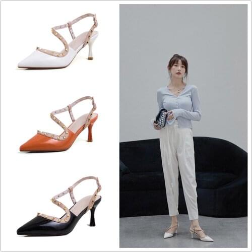 Women Sandals Sexy Pointed Toe 2020 Summer New Style Genuine Leather High Heels Ladies Work Rivet Shoes Sandalia Mujer