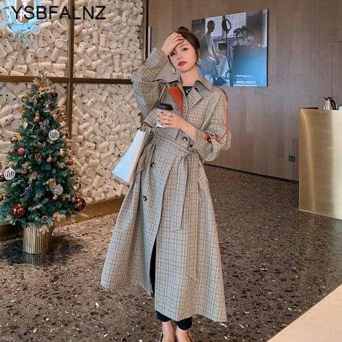 2021 Plaid Trench Coats Womens Long Double-Breasted Loose Oversize Clothing Windbreaker Female Outerwear Clothes Fashion Belt