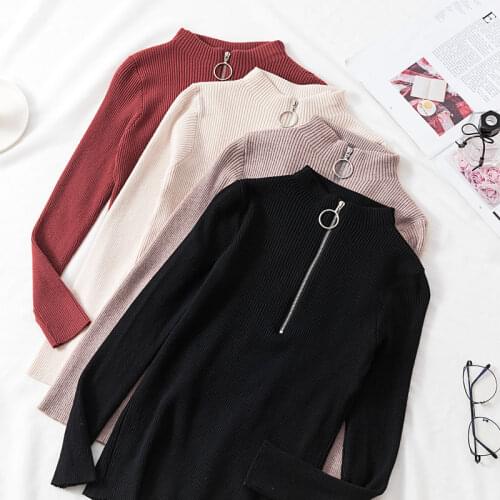 Gkfnmt Casual Zipper Sweater Women Half Turtleneck Solid Autumn Female Knitted Sweater Pullovers long Sleeve Chic Soft Jumper