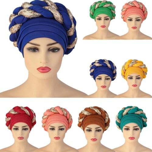 Fashion African Auto Gele Headtie Aso Oke Sequins Braid Women Turban Cap Muslim Headscarf Bonnet Ready to Wear Hijab Wedding Hat