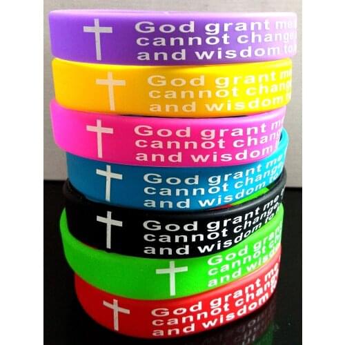 20pcs Colorful 12mm Width Jesus Wristbands English Rubber Cross Silicone Bracelets Men Women Religious Cuff Jewelry Gift Favor