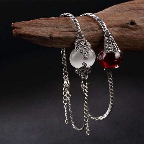 Sterling Silver Retro High-Grade Opal&Red Corundum handmade Bracelet ,sterling silver jewelry birthday christmas gift AJ