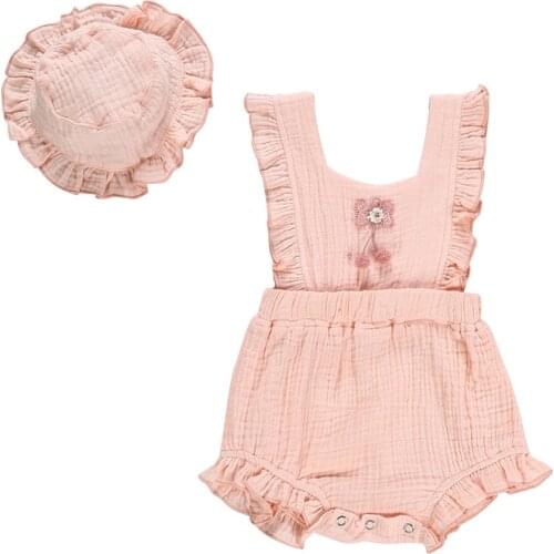IYEAL Baby Girls Clothes Kids Newborn Girls Sleeveless Ruffle Button Romper Jumpsuit+Hat Infant Toddler Newborn Outfits Suits