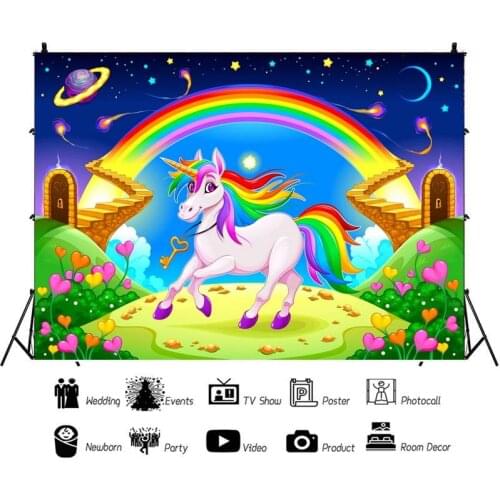 Painted Rainbow Cute Unicorn Portrait Photography Background Vinyl Backdrop Happy Birthday Party Photocall Studio Props