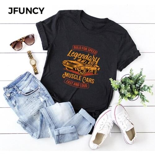 JFUNCY Vintage Car Print Cotton T Shirt Women Short Sleeve Summer Tops Woman Tee Shirts Female Plus Size Casual T-shirt