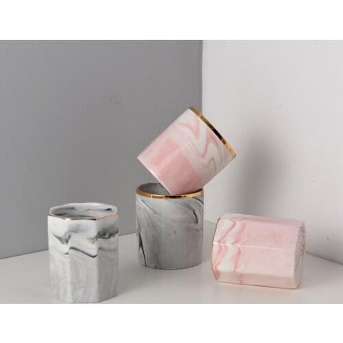 Nordic Ceramic Hand-painted Gold Edged Marble Brush Pot Makeup Brush Barrel Marble Porcelain Pen Container