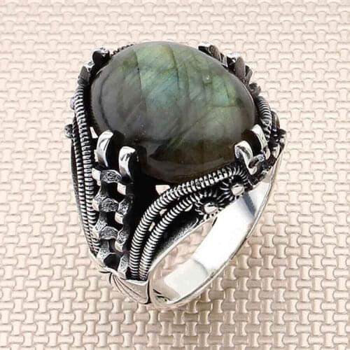 Crown of Victory Style Natural Labrodite Ring High Quality Fashionable Vintage Men Accessory 925K Silver Made in Turkey