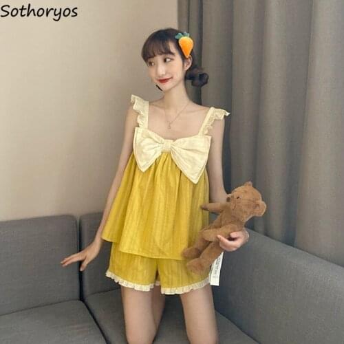 Pajamas Sets Women Pleated Ruffles Bow Spaghetti-strap Sleepwear Sweet Girls Stylish Elegant Loose Comfortable Ulzzang Nightwear