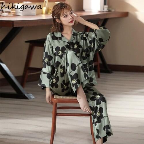 Hikigawa 2021 Pijamas De Mujer Floral Ice Silk Home Service Set Sleepwear Summer Thin Pantsuits Korean Womens Home Clothes