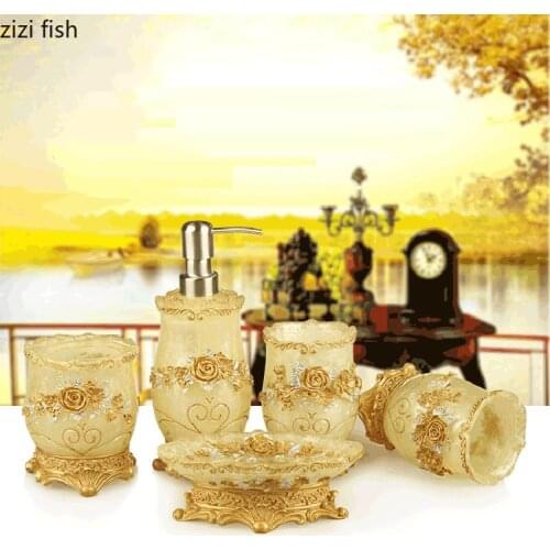 Nordic Resin Household Bathroom Accessories Set Soap Dispenser Toothbrush Holder Cup Soap Dish Floral Texture Bath Storage Set