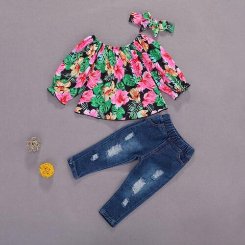 New Autumn Baby Off-Shoulder Shirt Girl’s Trousers Long Sleeve Floral Cute Floral Clothes Side Pockets Elastic Waist Denim Pants
