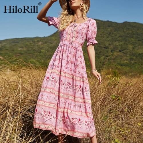 HiloRill Women Elegant A Line Long Maxi Dress With Belt Summer Floral Print Beach Dress Ruffle Short Sleeve Bow Tie Chic Dresses
