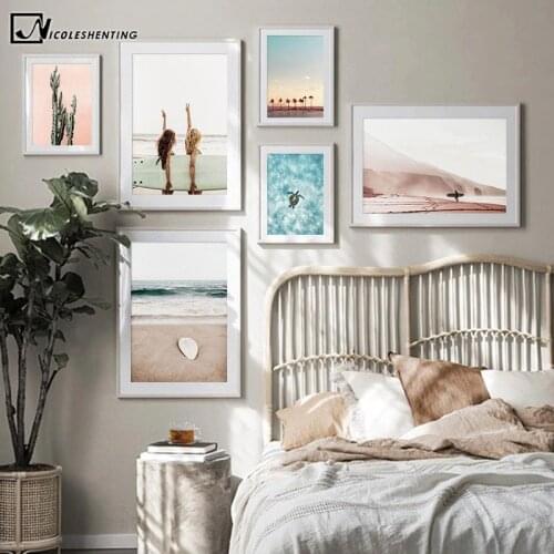 Beach Surfer Sunset Sea Canvas Painting Tropical Decoration Travel Poster Wall Art Print Landscape Picture Living Room Decor