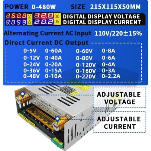 480W Adjustable Switching power supply with Digital display power supply for LED DC 12V 5V 24V 36V 48V 60V 80V 120V 160v 220V