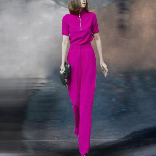 Women Pants Suit 2021 Spring Summer Female Stand Collar Short Sleeve Top+Empire Waist Slim Long Pants Set New