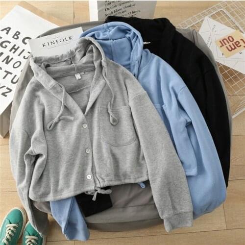 2021 Simple Hooded Sweater Women Spring and Autumn New Korean Style High Waist Loose Slim Short Cardigan Jacket Female Hoodies